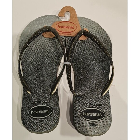 NWT Havaianas Glitter Silver/Olive Flip Flop EU 43/44 (US 11/12) MSRP $50 - Picture 1 of 2